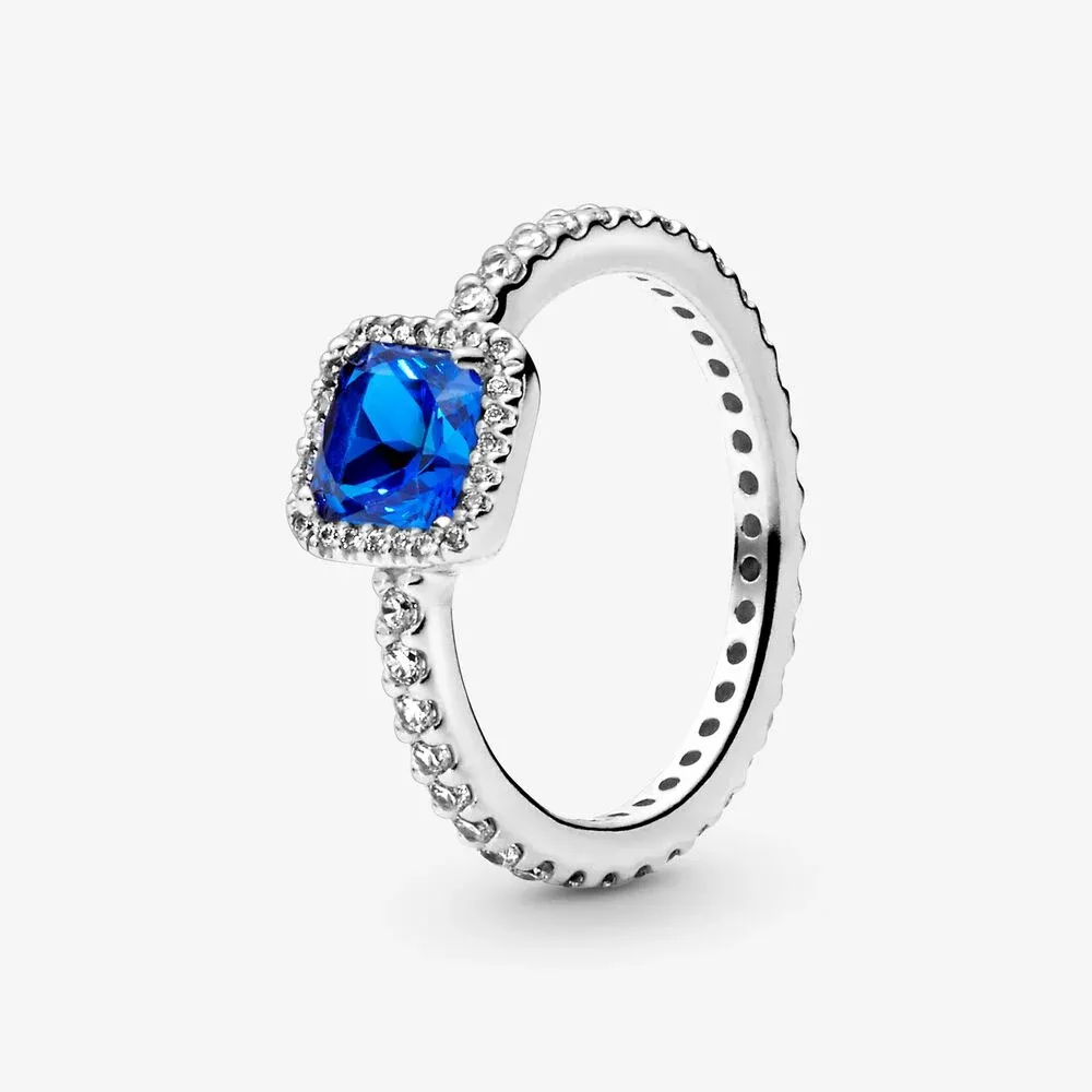 Blue Square Sparkle Halo Ring