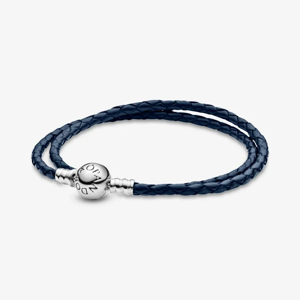 Dark Blue Braided Double-Leather Charm Bracelet