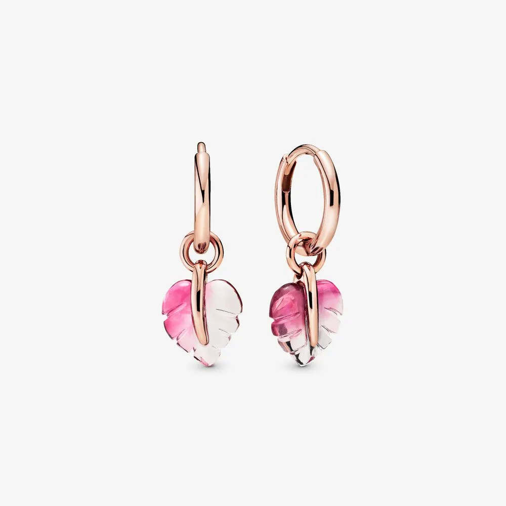 Pink Murano Glass Leaf Hoop Earrings